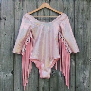 Fringe pink quarter length sleeve rave one piece
